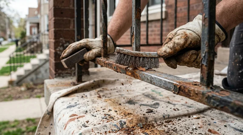 Scraping_rust_from_iron_railing_