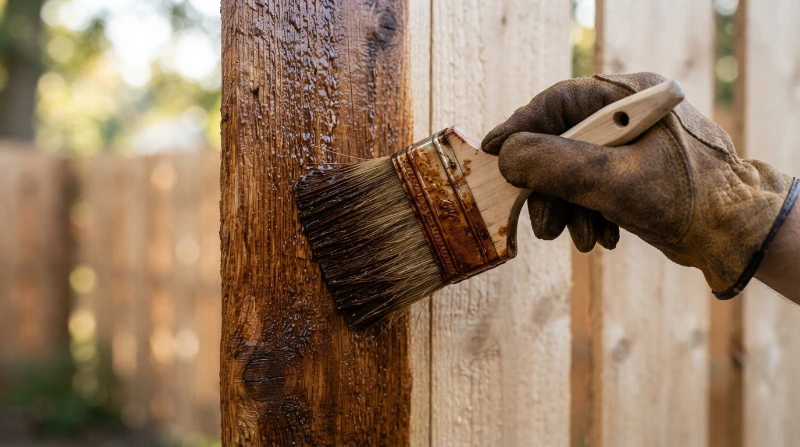 Worker_staining_cedar_fence_board_
