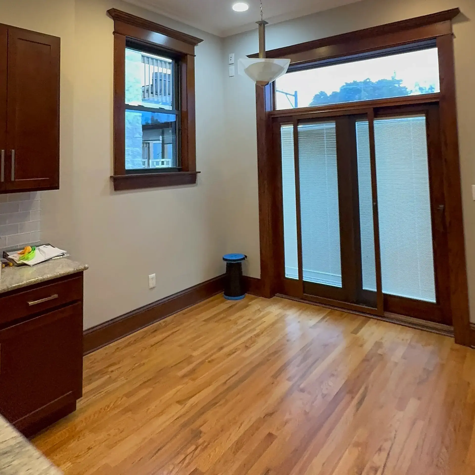 Natural wood door and window trim in a Chicago home