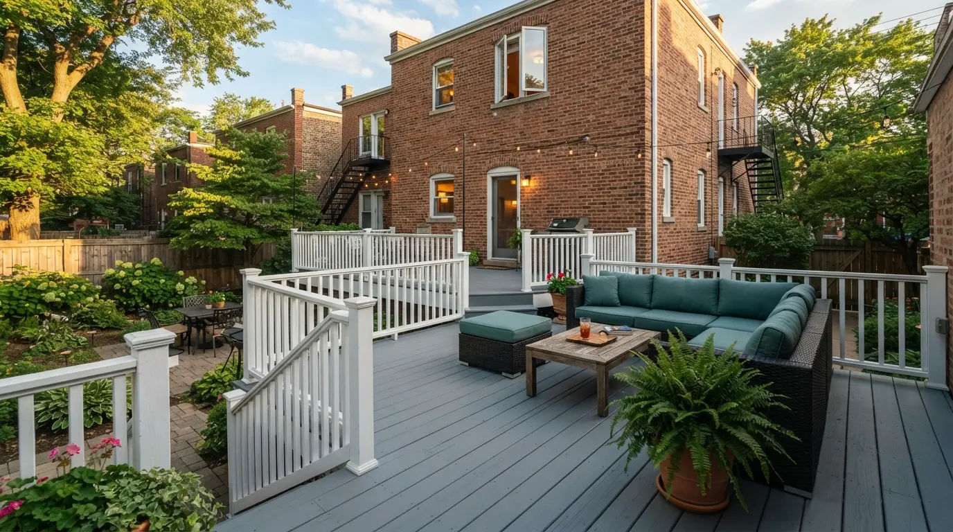 Exterior wood deck and railings at a Chicago property